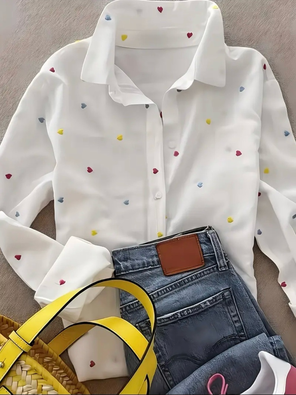 Women’s White Button-Down Blouse with Multicolor Heart Print